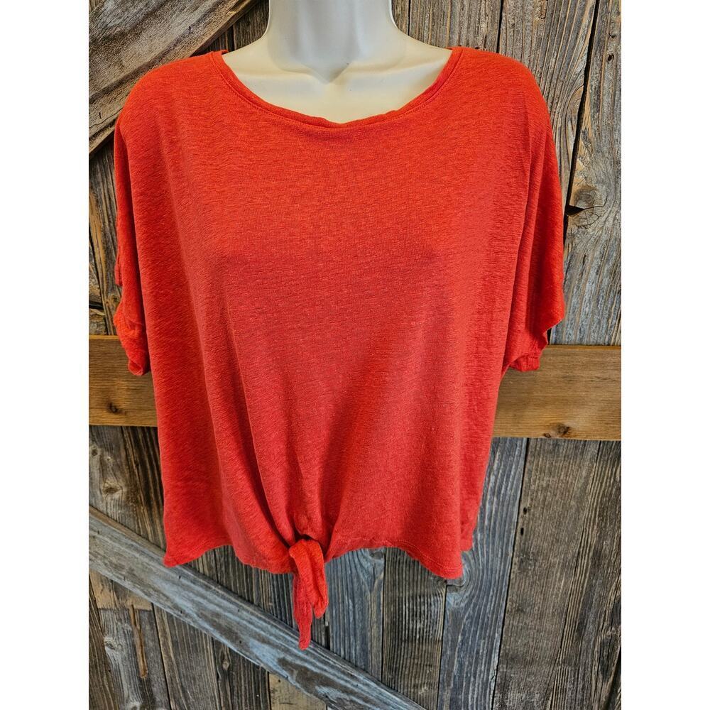 Chicos size 2 (L) tie front 100% linen orange blouse EUC summer career casual ^